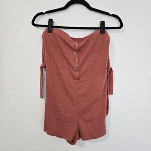 FP Beach Ribbed Strapless Romper Jumpsuit Rust Orange Button Front Tie Strap M